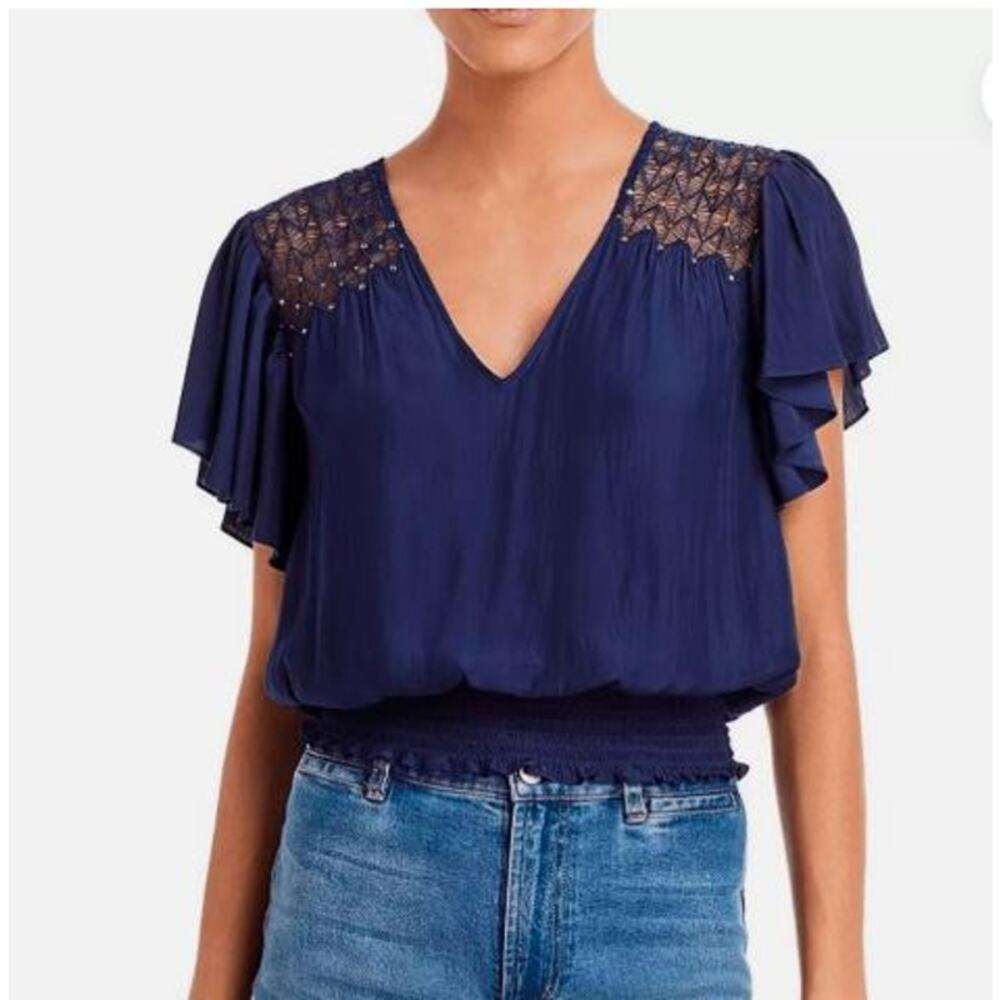 Ramy Brook Women's Mia Flutter Sleeve Bubble Top Sz S Navy NWT 325